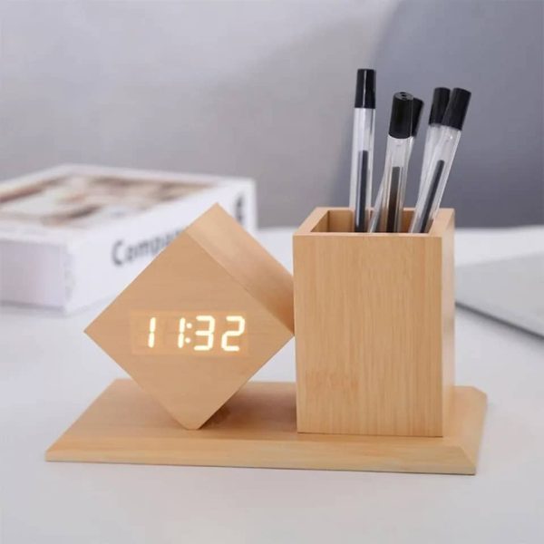 Wooden Office Pen Holder with Digital Clock - Image 3