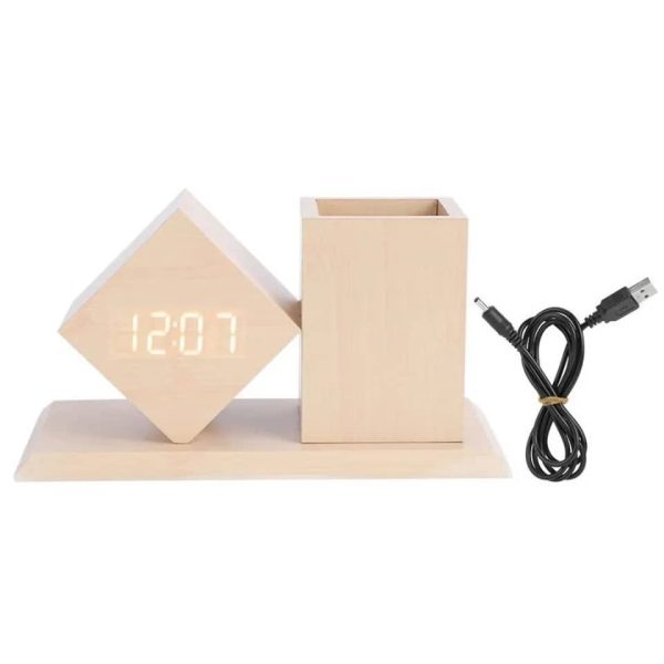 Wooden Office Pen Holder with Digital Clock - Image 2