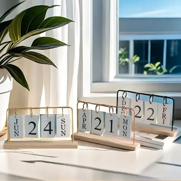 Elegant Wooden Flip Calendar with Metal Frame - Image 9