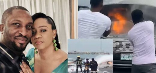 Darey Art Alade, Wife lose car to fire on Third Mainland Bridge (Video)